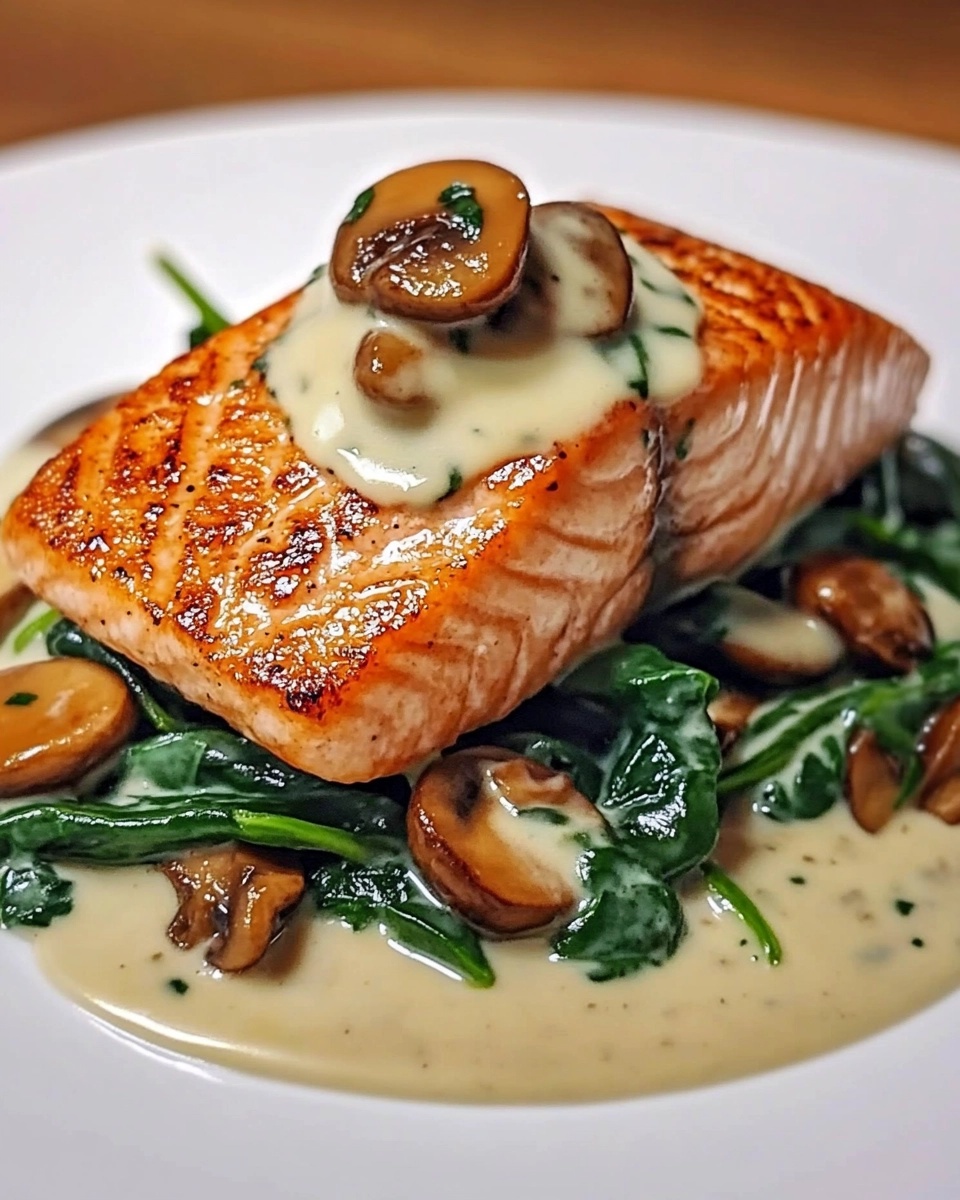 Salmone Cremoso al Burro all'Aglio con Spinaci e Funghi
